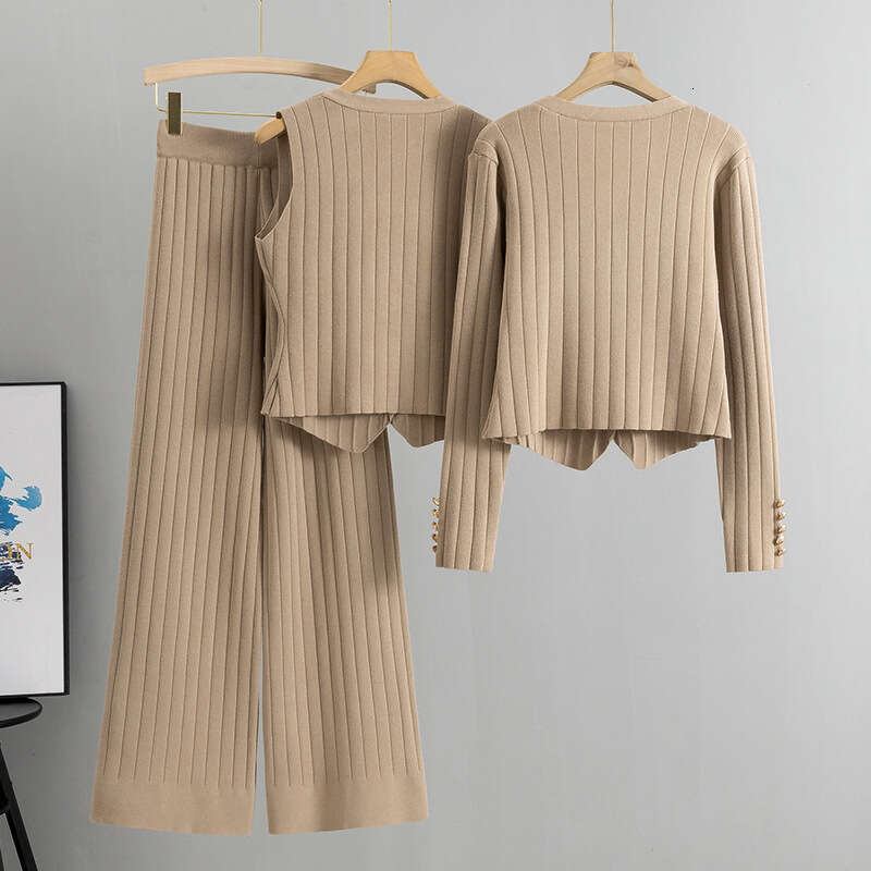 Korean version slim fit small fragrant style wide leg pants sweater three piece for women 2024 Spring and Autumn new vest knitted cardigan set