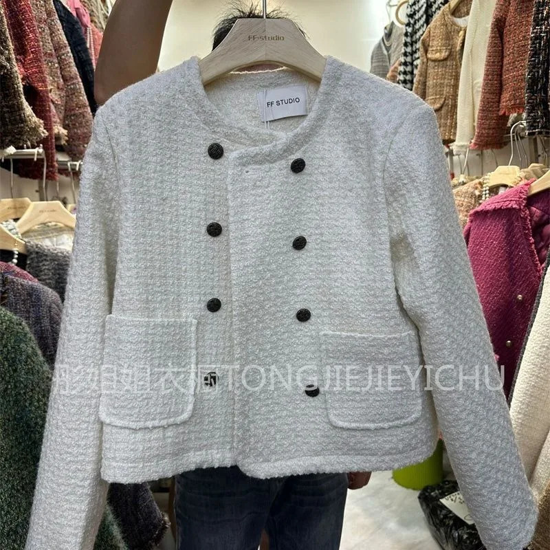 Temperament Celebrity Coarse Tweed Plush Jacket Women Double Breasted Round Neck Solid Fashion Korean Autumn Warm Chic Lady Coat 240904