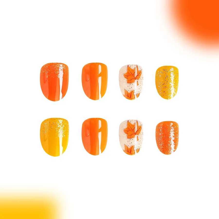 24 pieces/set of short section smooth oval cross nails autumn and winter orange maple leaf flash detachable worn fake nails W240905