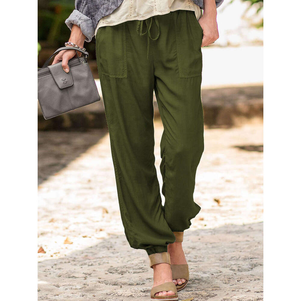 Women's summer new lace up solid color elastic ankle pocket casual pants