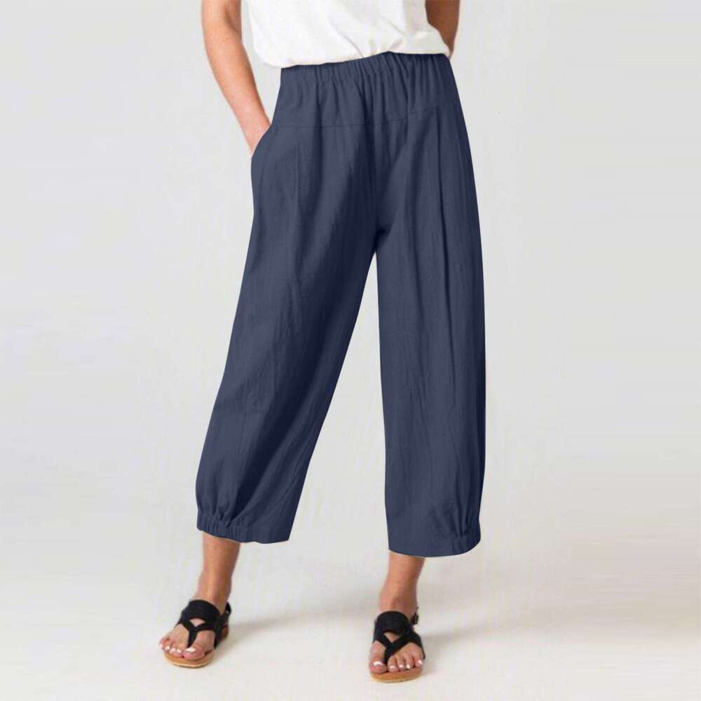 Summer loose cotton and linen pleated casual edition high waistband pocket Haren cropped pants for women