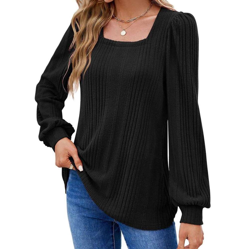 2024 Temu Autumn/Winter New Product Women's Pit Bar Square Collar Fashion Casual Long Sleeve Top