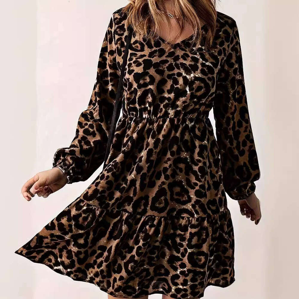 2024 autumn new leopard print long sleeved dress women, casual waist cinched V-neck knee length short skirt for women