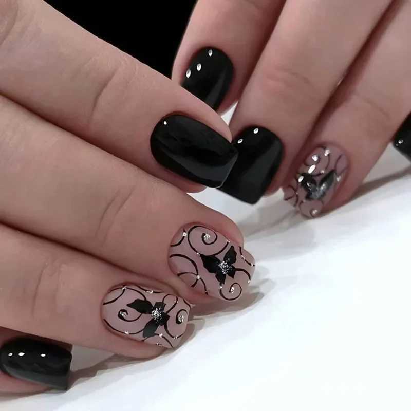 24 pieces/set of French style floral butterfly design fake nails for spring and summer seasons short and safe fake nails on art tips W240905