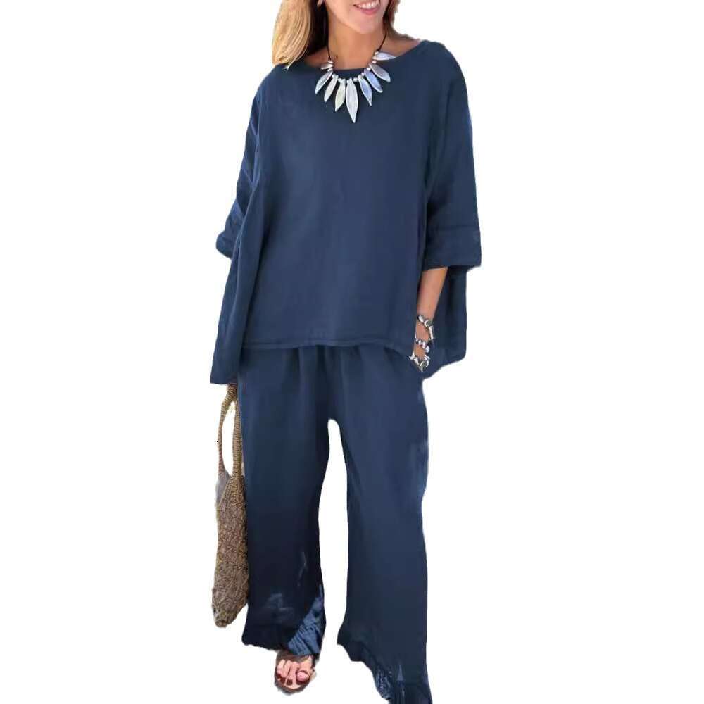 2024 Summer New Cotton and Hemp Women's Fashion Solid Color Loose Casual Pants Two Piece Set
