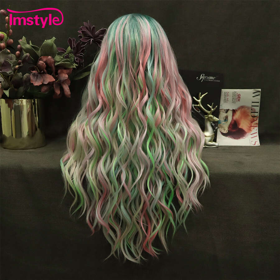 Imstyle Colorful Synthetic Lace Front Multicolor Long Wigs Natural Wavy Heat Resistant Green Pink Cosplay Wig For Women