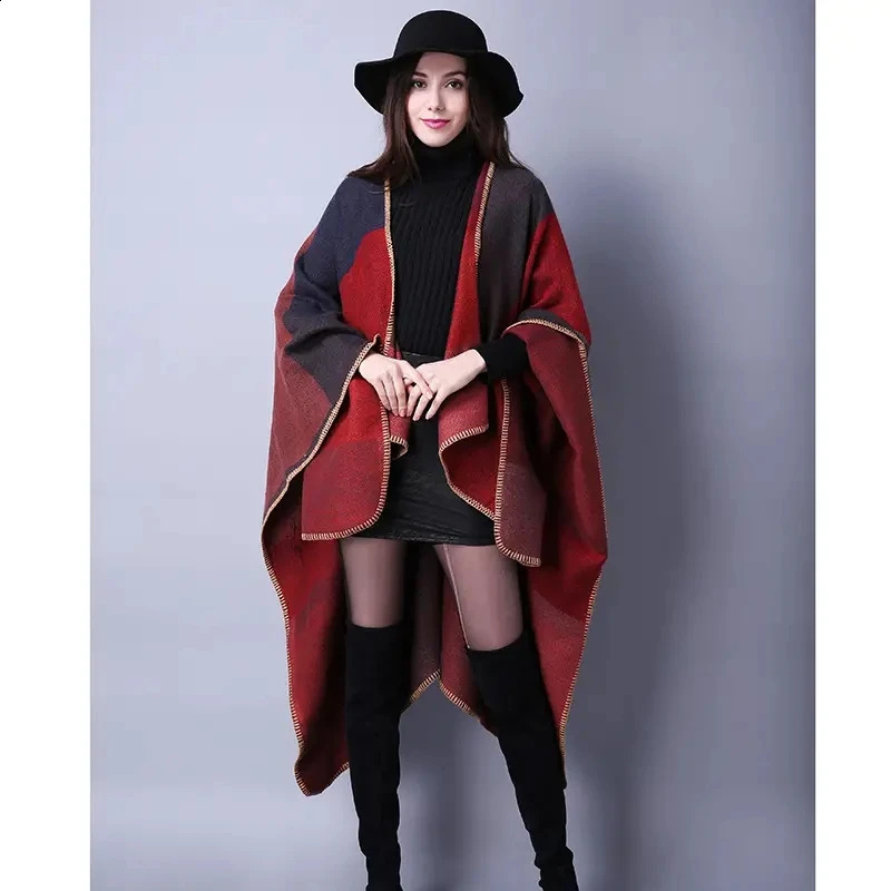 Vintage colored block shawl imitates cashmere warm bag Bohemian large blanket scarf raincoat shawl thick coat outdoor 240906