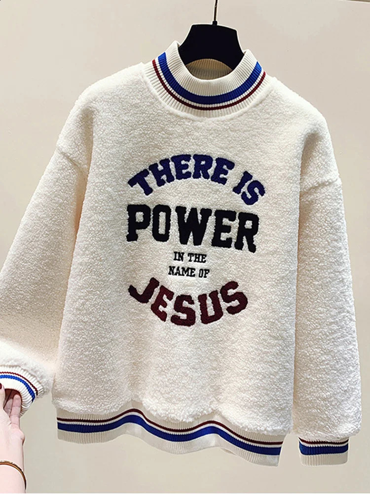 Plush and Thicken Sweatshirts Women Autumn Winter Loose Embroidered Letter Mock Neck Casual All-match Keep Warm Top 240906