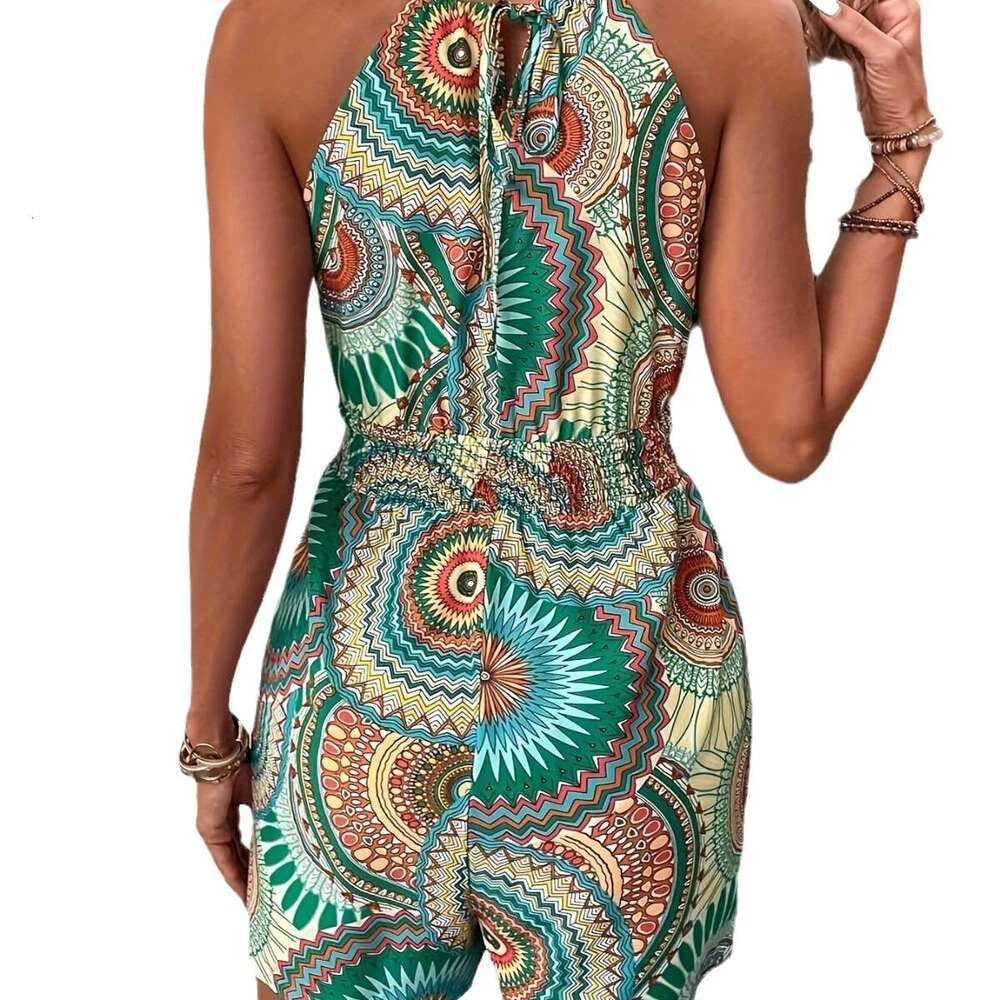 2024 Temu Summer Women's Lace up Waist Printed Hanging Neck Off Shoulder jumpsuit shorts