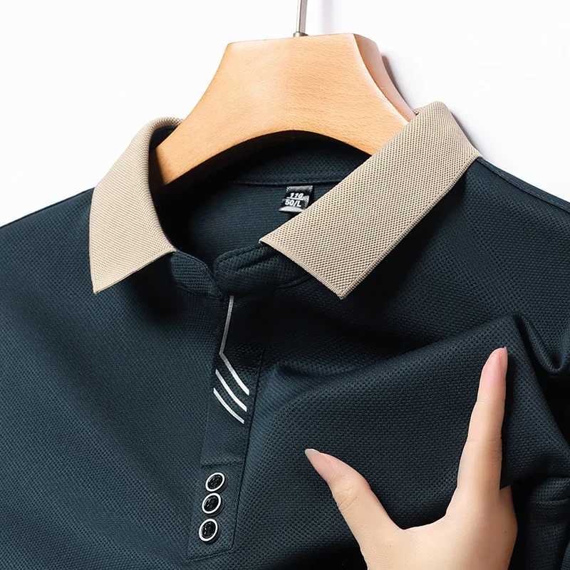 Autumn New Mens Long-sleeved Polo Shirt Business Casual Slim Elastic Top Fashion Classic Solid Color Male Brand TeesXJ240906