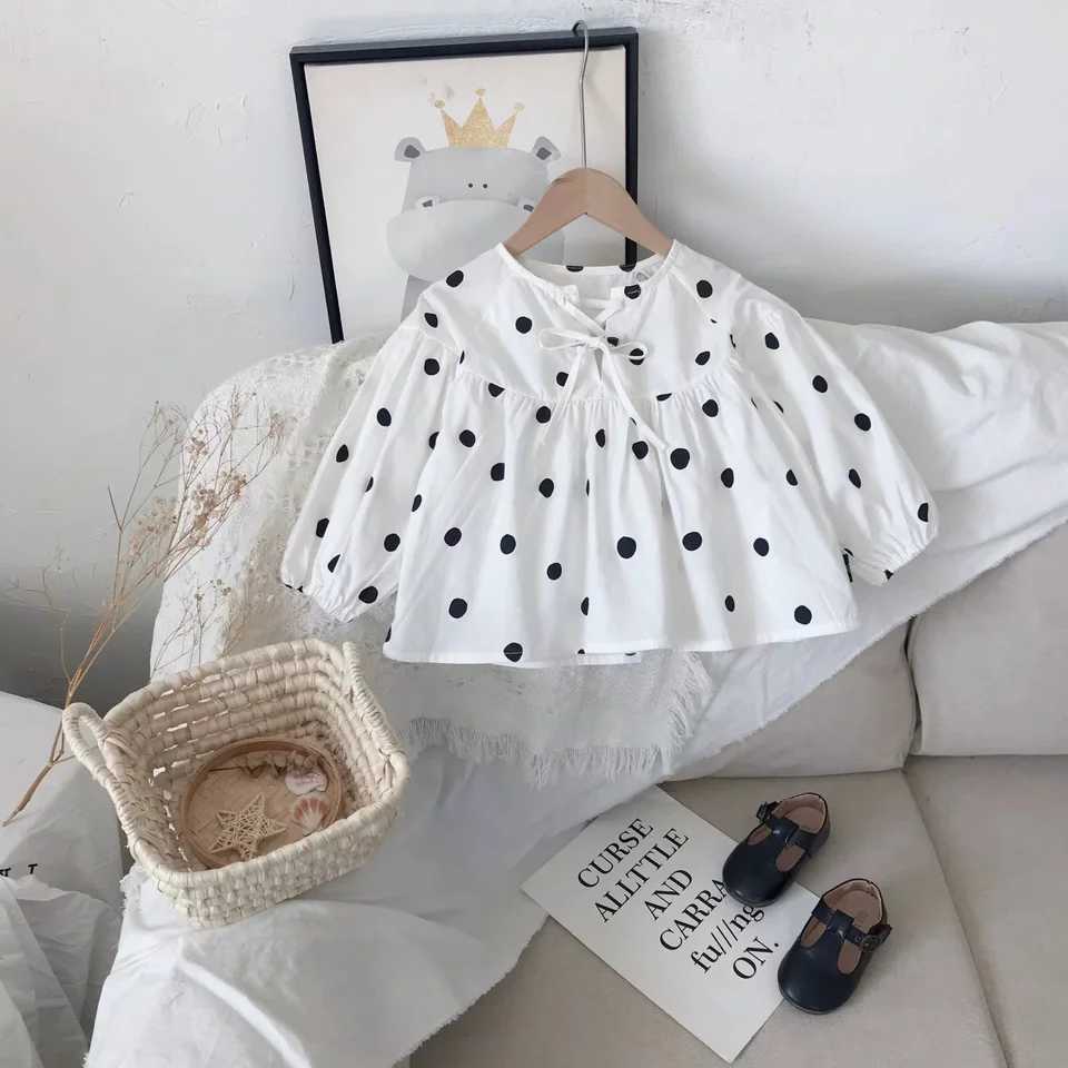 Girls Shirt 2023 Fall New Korean Baby Girl Doll Shirt Long-Sleeved Polka Dot Bubble Sleeve Blouse Y240906