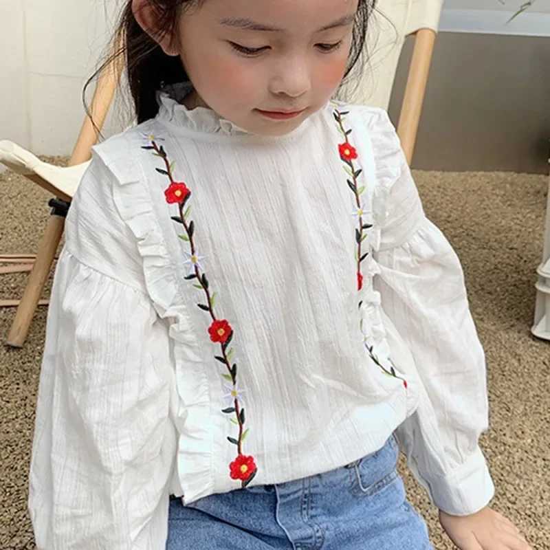 Spring Autumn Girls Children Lapel Blouse With Flared Sleeves Shirt Long-Sleeved Cotton Lace Child Girl Tops Blouse Kids Clothes Y240906