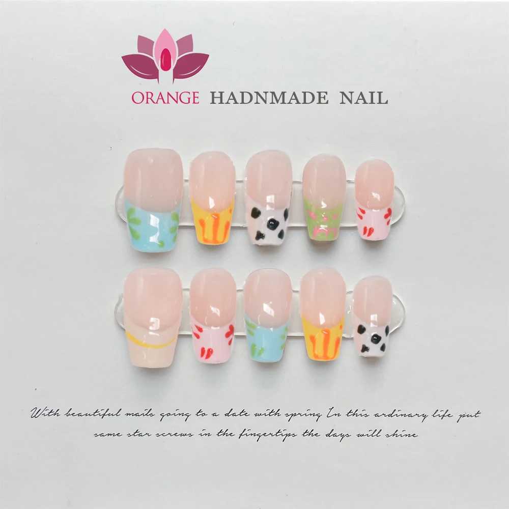 Handmade almond pressed on nails reusable French colored fake nails fully covered artificial ergonomics wearable orange nail store W240905