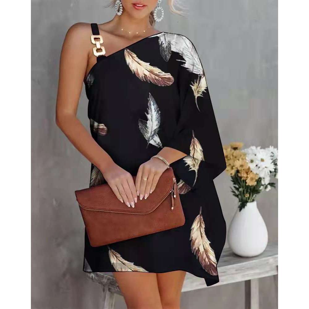 2024 Summer New Women's Print Sexy Slant Neck Off Shoulder Dress