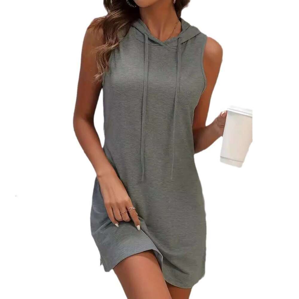 2024 spring/summer slim fit hip hugging hooded sweatshirt drawstring sports casual women's solid color short sleeveless
