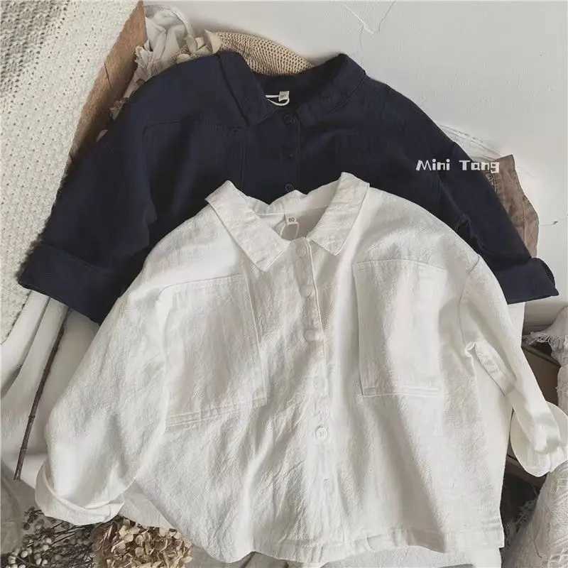 Spring and Autumn Boys Shirt Japanese Style Retro Long Sleeve Polo Collar Cotton Linen Shirt Childrens Baby Top Outer Coat Y240906