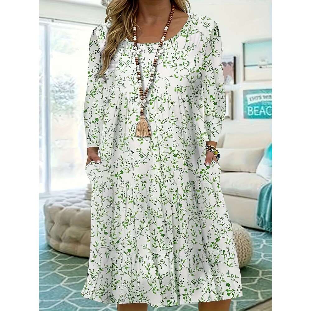 Women's 2023 new loose round neck long short sleeved pleated dress for women