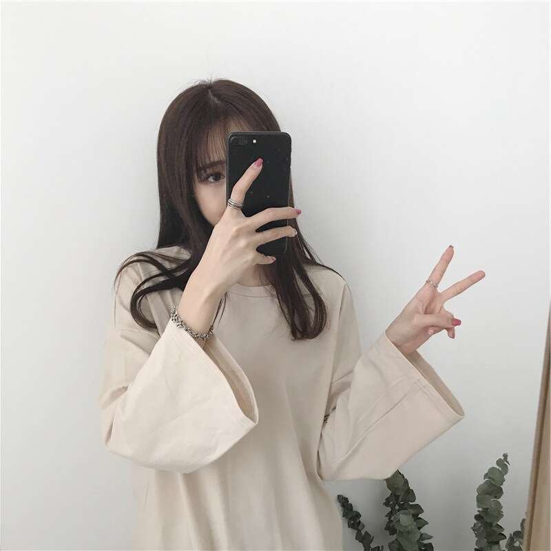 Womens autumn winter Korean version new solid color round neck long sleeved T-shirt womens loose and versatile base shirt top