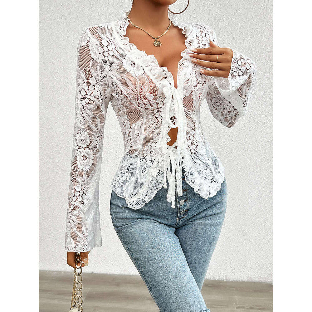 Women's 2024 autumn sexy slim fit long sleeved cardigan lace top for women