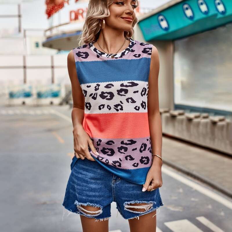 New leopard print contrasting small vest in summer, loose and versatile sleeveless top for women