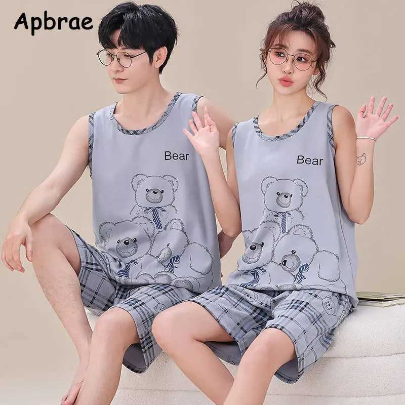 Summer Knitted Cotton Cartoon Panda Print Sleepwear Pajama Sets for Couple Sleeveless Nightwear Young Lovers Pajamas 4XL Pijamas Y240906