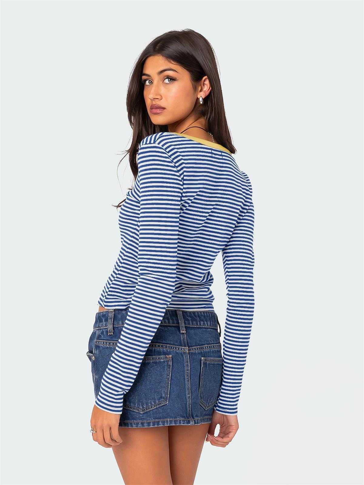 Womens T-Shirt New Contrasting Color Striped Sweater Y2K Clothes Womens Summer Top Button Slim Shoulder T-shirt Pure Cotton T240906