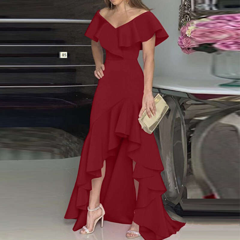 2023 temperament V-neck ruffled irregular elegant dress