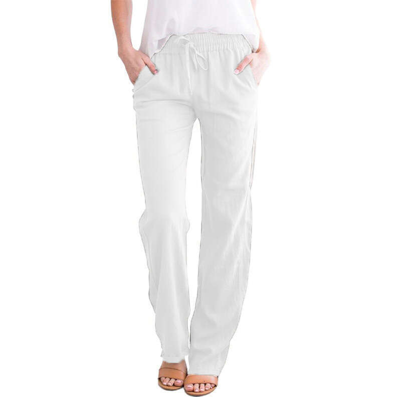 Women's Spring/Summer New Collection Solid Color Cotton and Hemp Drawstring Loose Casual Wide Leg Pants