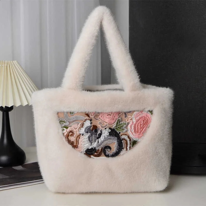 Winter womens faux fur handbag plush retro large capacity single shoulder ner embroidered black 240906