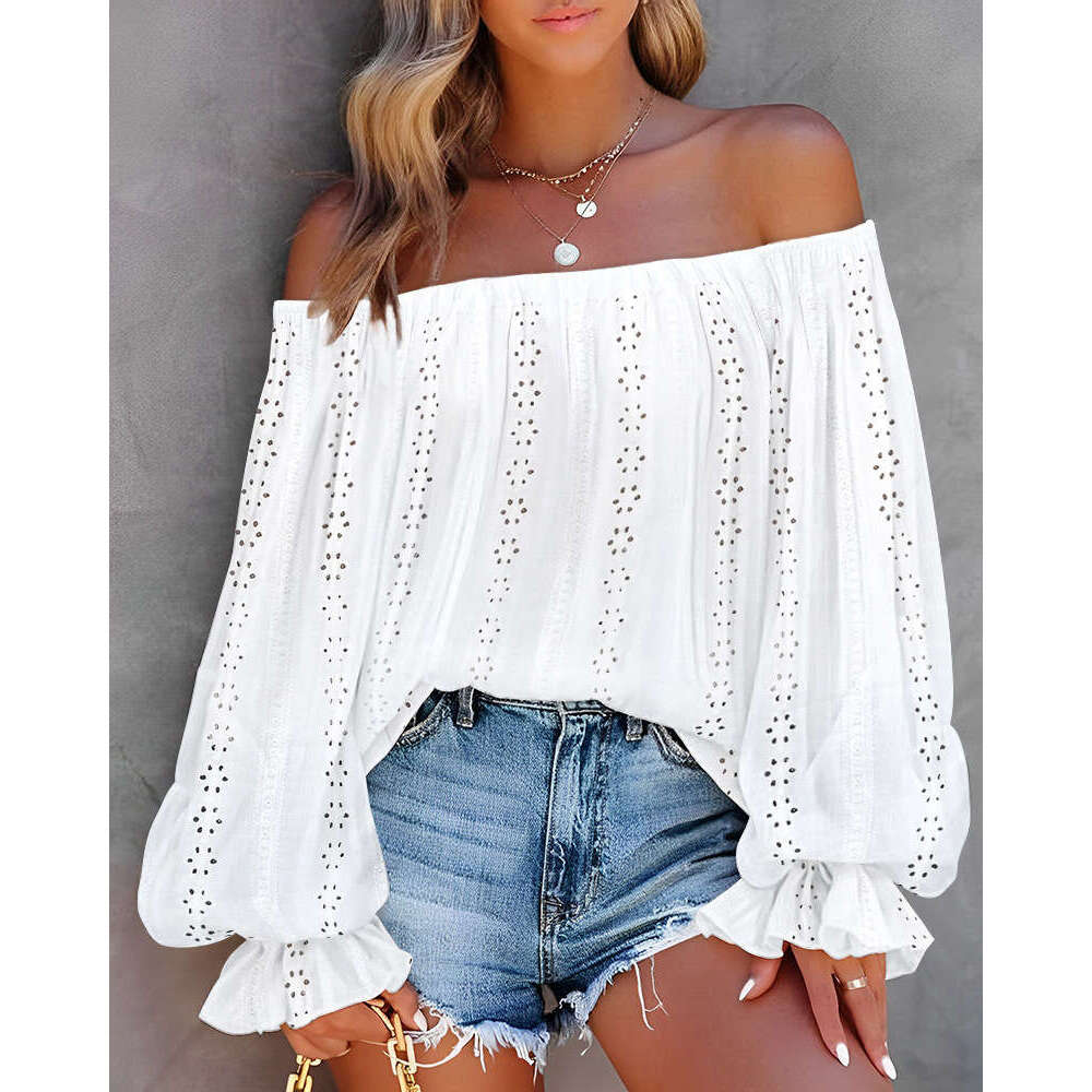 Fashion women's 2024 autumn new style hollowed out one shoulder lantern sleeve top