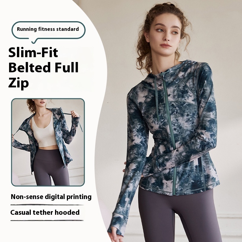 Yoga suit for women in autumn winter, new tie dyed printed hooded jacket, sports and fiess long sleeved zippered cardigan top