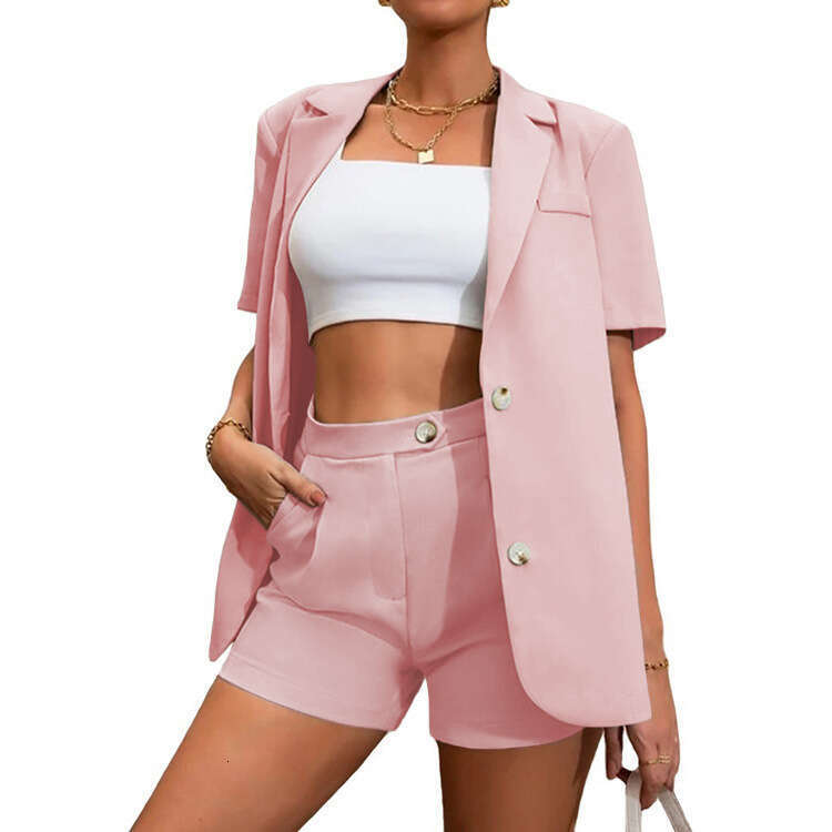 2024 Summer New Fashion Style Solid Color Suit High Waist Shorts Two Piece Set Women's Wear