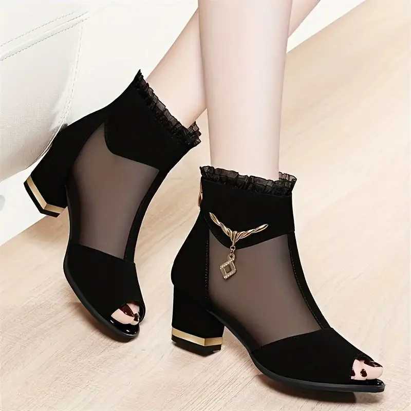 Spring and autumn breathable mesh high heels comfortable thick high heels open toe womens shoes fashionable back zipper low boots CL240906