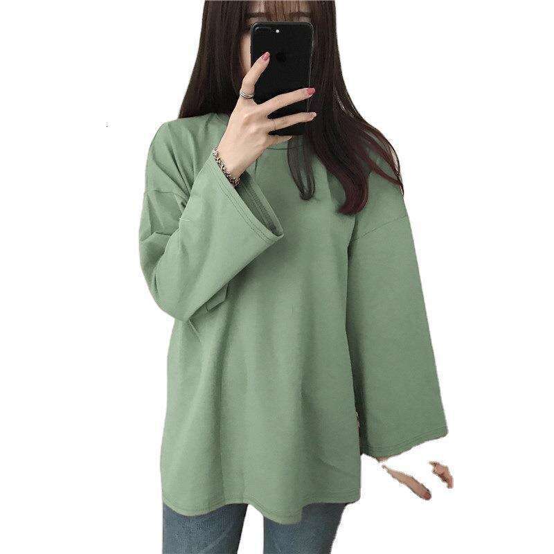 Womens autumn winter Korean version new solid color round neck long sleeved T-shirt womens loose and versatile base shirt top