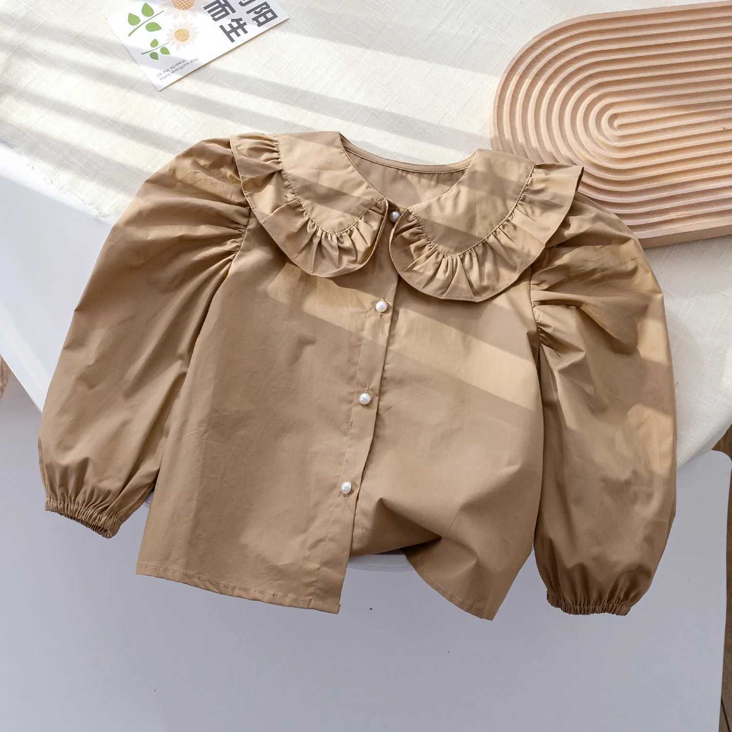 Korean New Children Blouse Solid Turn-Down Collar Ruffles Decor Long Sleeve Girls Shirts Vintage All-Matched Kids Tops Y240906
