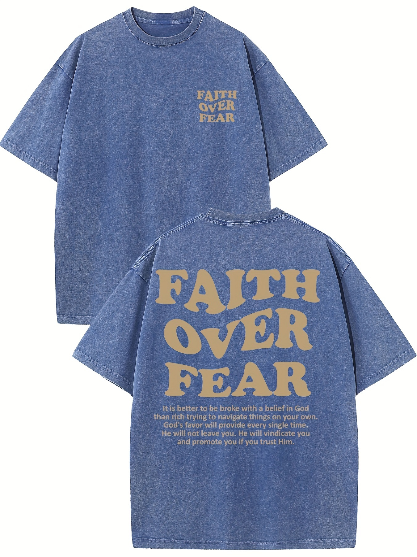 Faith Over Fear Casual T-shirt Vintage Washed Street Monogrammed Cotton T-shirt Mens T-shirt Made Of Old Dark Wind Streetwear Drop-shoulder Sleeve Rou