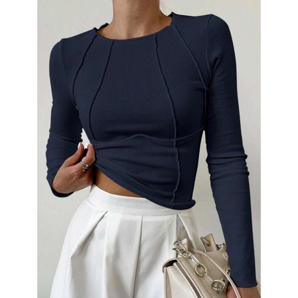 Solid color split chest long sleeved round neck T-shirt 2024 Spring and Autumn New Top for Women