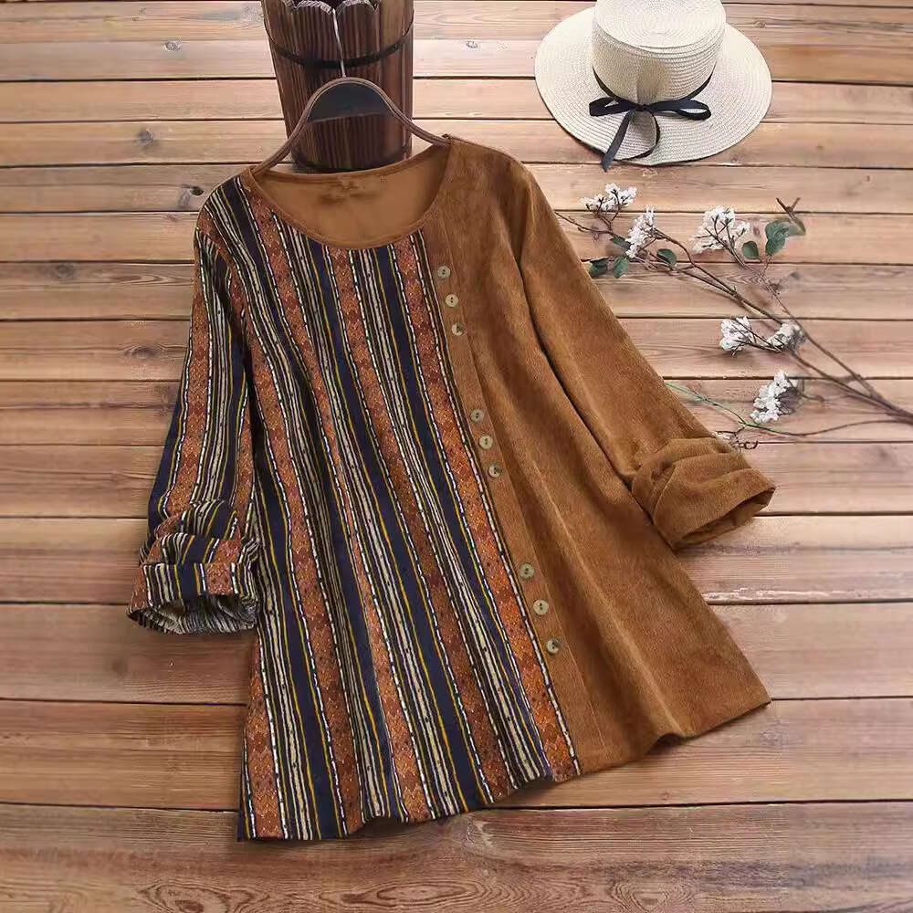 2024 New Corduroy Round Neck Long Sleeve Shirt Top