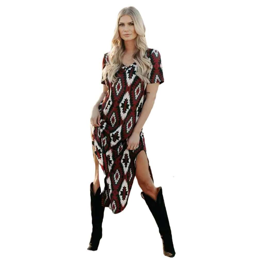 2024 Summer Diamond Step Women's Casual V-neck Hoodie Short Sleeve Home Long Dress