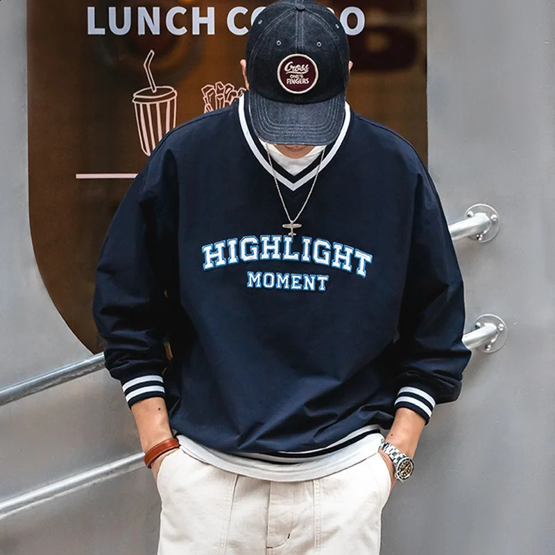 Maden Casual Hoodie V-neck Baseball Embroidered Letter Oversize Sweatshirts Vintage Long Sleeve Korean Fashion Streetwear 240906