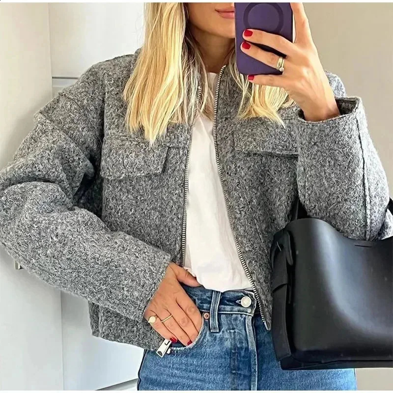 Women Elegant Solid Woolen Coat Zipper Long Sleeve Pocket Bomber Jacket Female 2024 Autumn Winter Casual Loose Streetwear Coats 240905