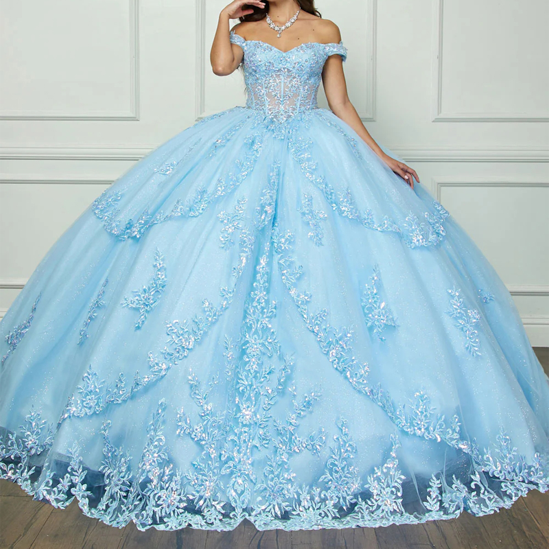 Sky Blue Quinceanera Dresses Ball Gown Applique Lace Beading Crystals Bow Tull Corset Sweet 16 Dress Vestido De 15 Anos