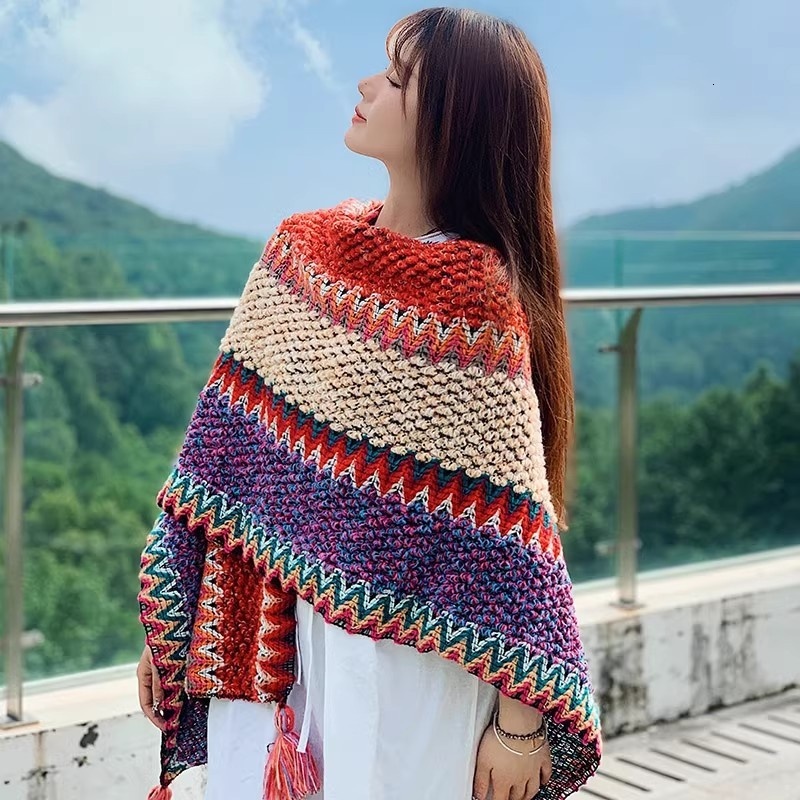 Woolen shawl, Xu Hongdou, same style Bohemian multi-color patchwork outer cloak, travel warm jacket