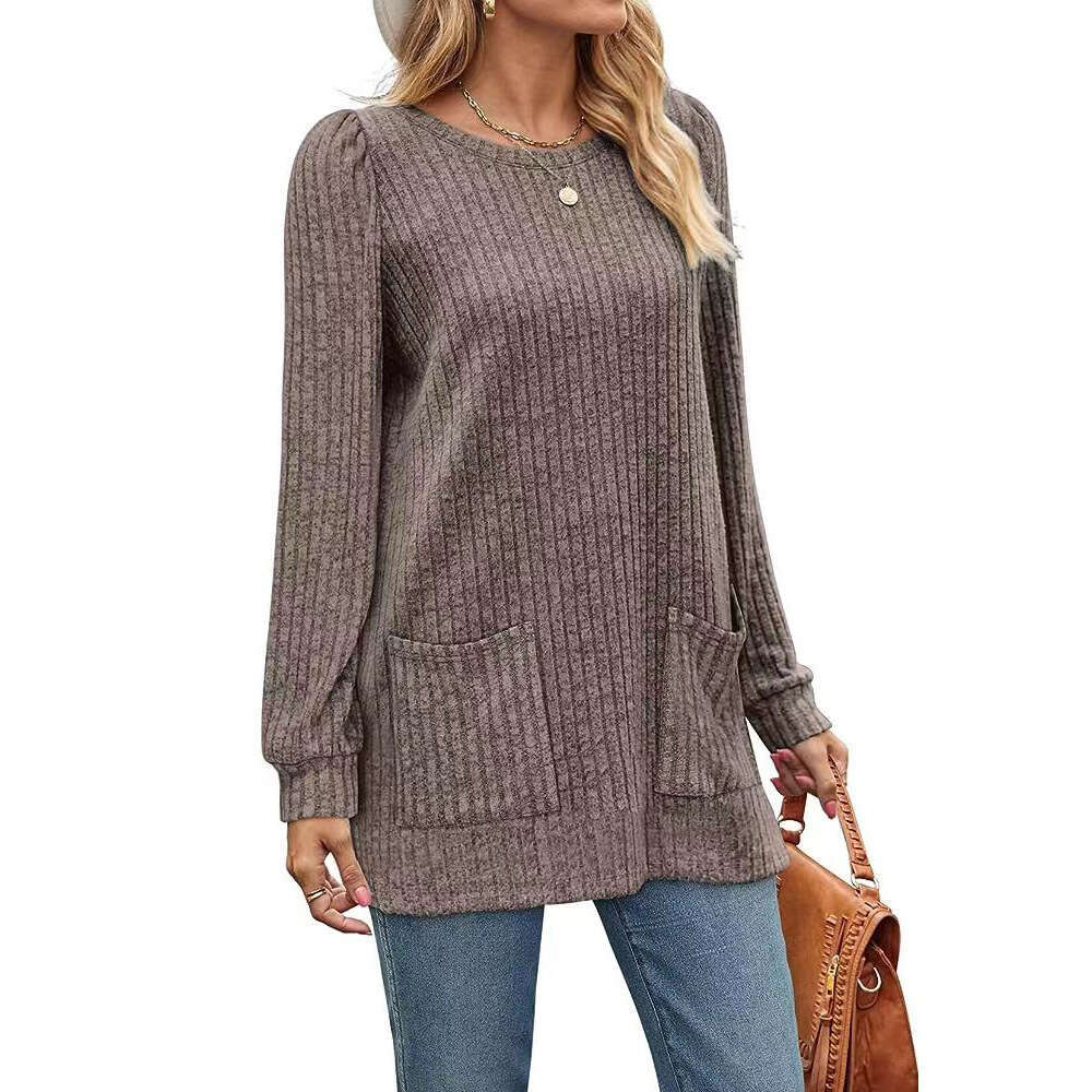 2024 Autumn/Winter New Pocket Top Loose Casual Bubble Sleeve T-shirt for Women