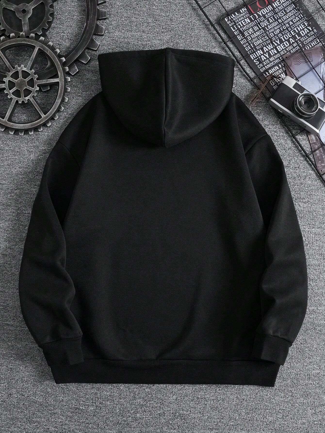 Men Bear Print Drawstring Thermal Lined Hoodie