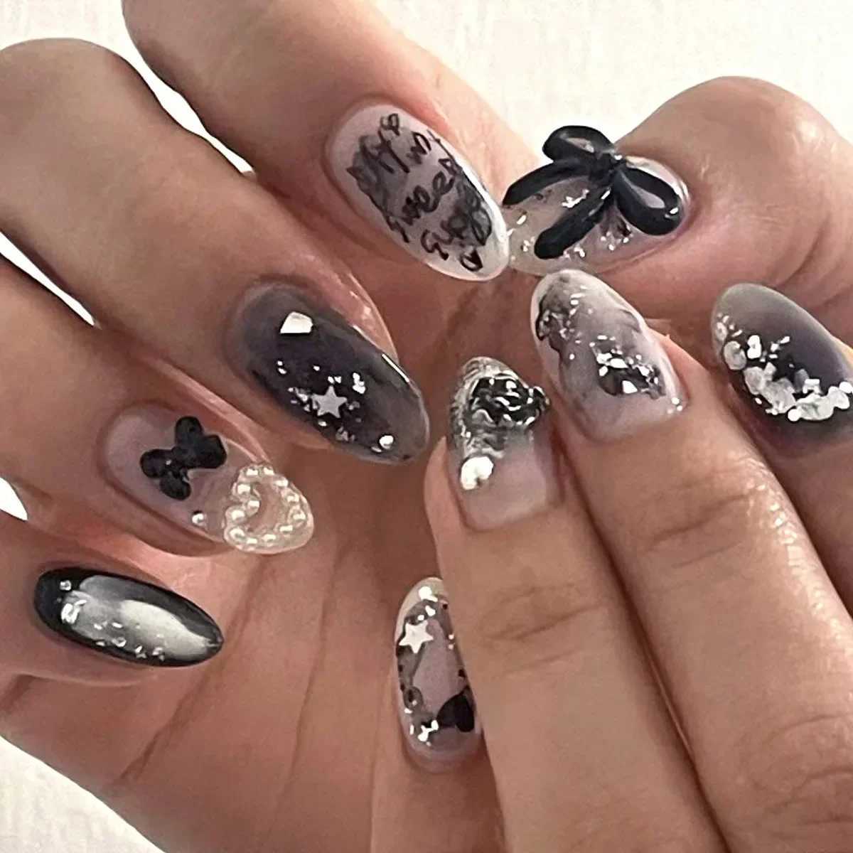 24 elegant black almond pressed nails pearl heart and bow accent smooth finish short and long detachable fake nails suitable for women W240905