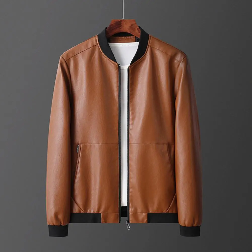 Mens PU Leather Jacket Fashion Baseball Collar Casual Jackets Men Zipper and Coats 240905