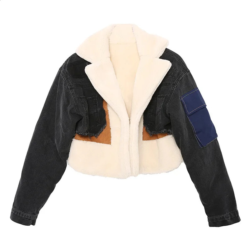 Fashion wool lined denim spliced work jacket thickened cashmere lining womens winter style motorcycle cotton 240905