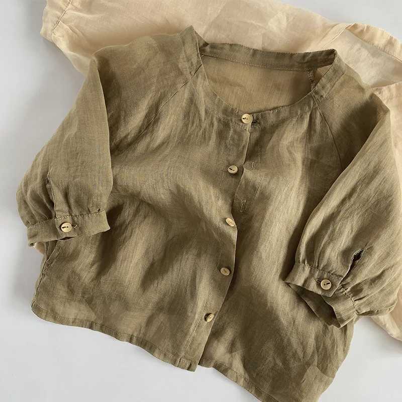 Summer Fashion Lightweight Plain Baby Tops Single-breasted Girls Long-Sleeved Linen Shirt Kids Sunscreen Clothing For 1-8 Years Y240906