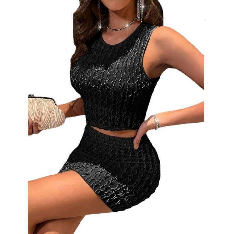 2024 Summer New Sexy Round Neck Slim Fit Small Tank Top High Waist Wrap Hip Tight Skirt Set